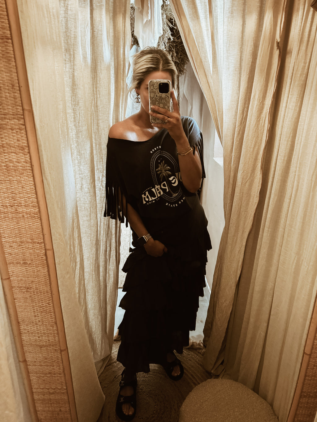 BOHÈME FRINGE OFF THE SHOULDER T-SHIRT | ICONIC ISLAND SUN SOAKED BLACK