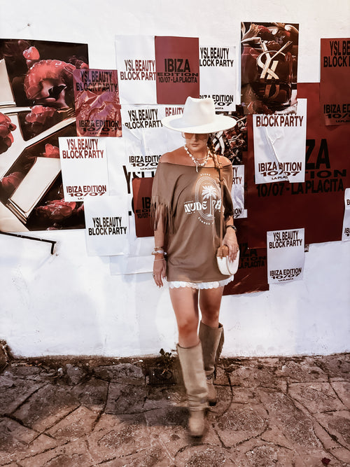 BOHÈME FRINGE OFF THE SHOULDER T-SHIRT | ICONIC ISLAND IBIZA | SUN-SOAKED TAN | OVERSIZED FIT